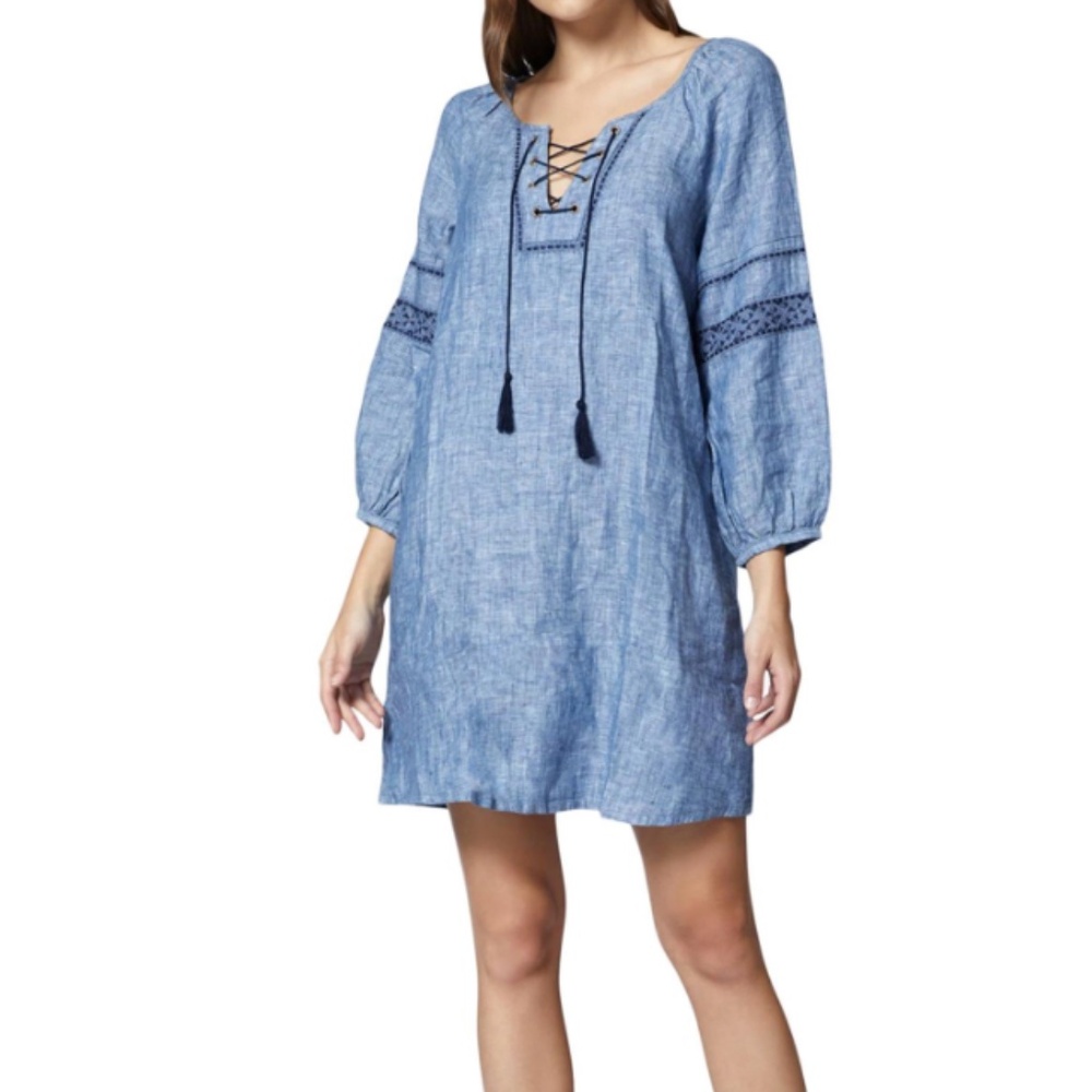 NWT Sanctuary Mirabella Boho Lace Up Linen Peasant Chambray Dress Raven Wash